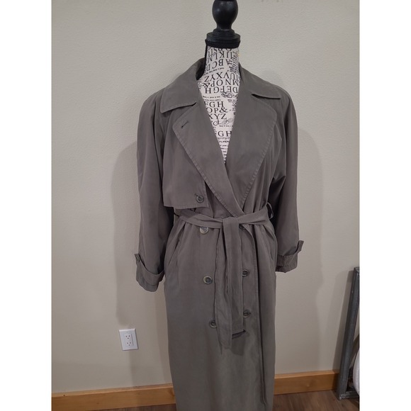 Anne Klein II Women SZ 4P Dbl Breasted Trench Coat moss‎ greenminalmalist career - Picture 2 of 12